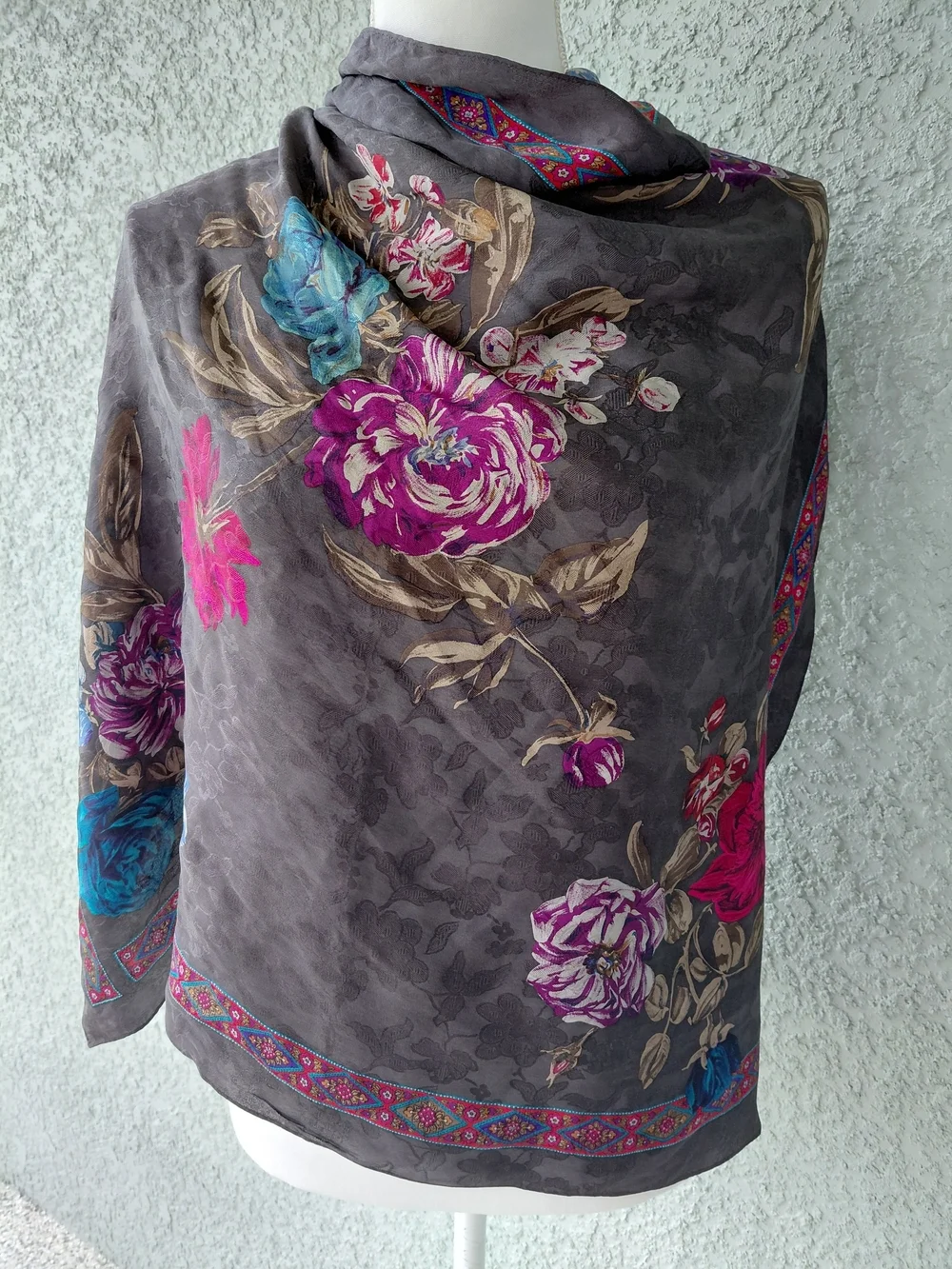 Vintage Liz Claiborne Floral Silk  Scarf Gray Pink Blue Oversized Wrap
